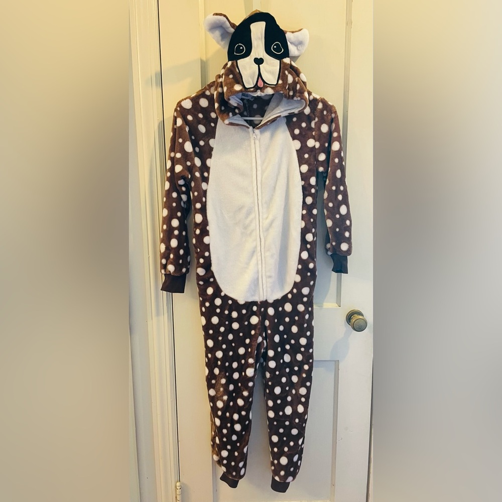Kids Brown and White Fleece Polka Dot Dog Onesie/ Halloween Costume Size 8-10